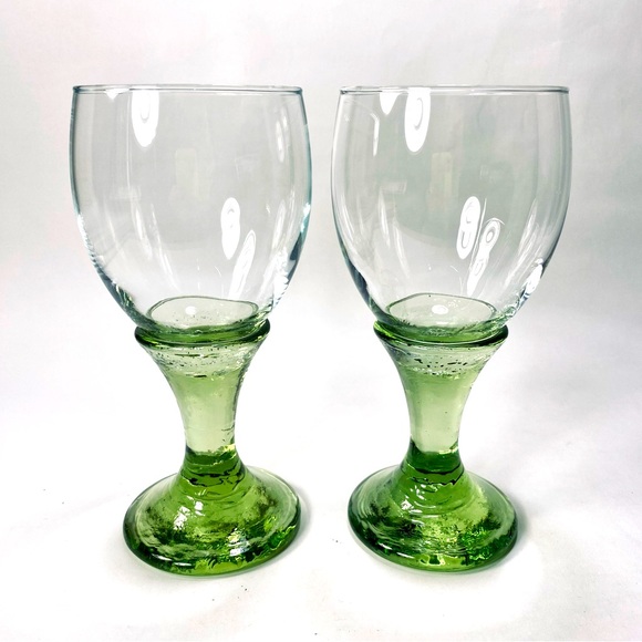2 Fire & Light Recycled Glass Handmade Signed Olive Green Goblet Wine Glass - Picture 1 of 15